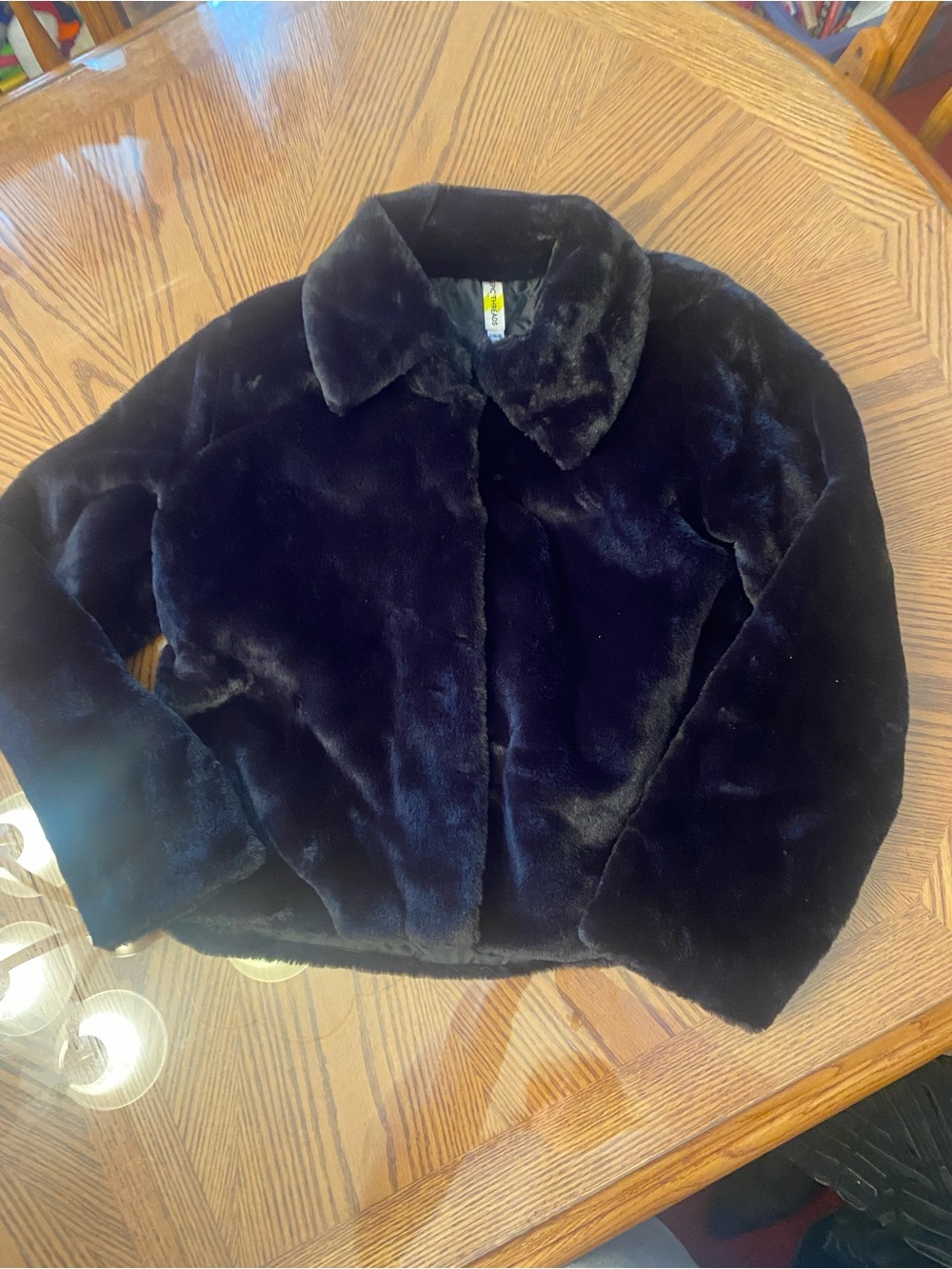 Girls' Black Faux Fur Puffer Jacket - Plush Collared Coat